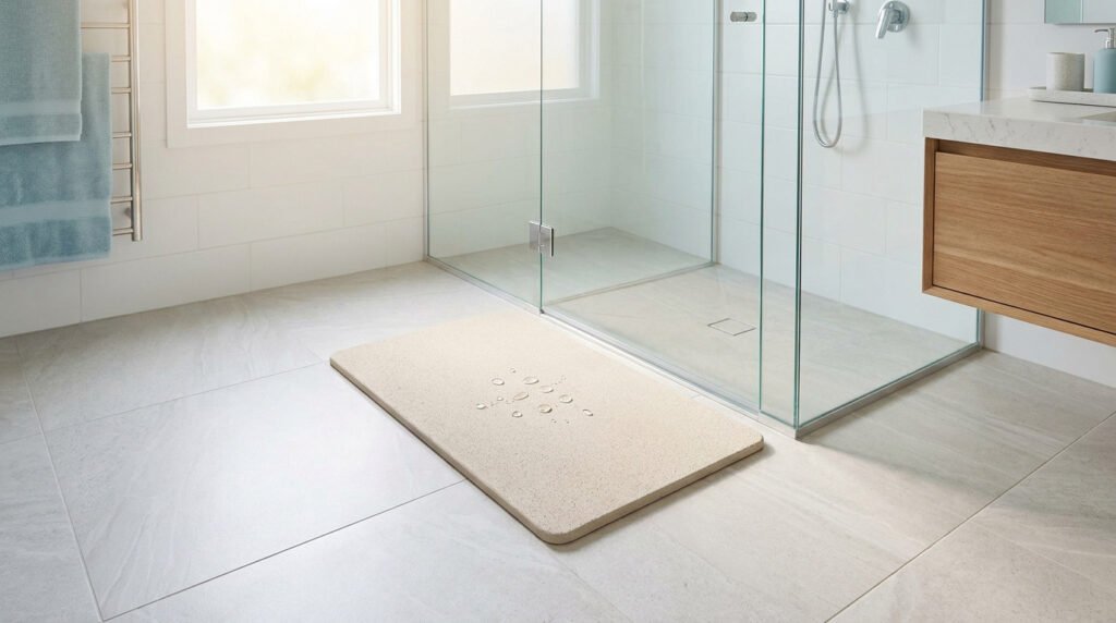 Tapis de bain en diatomite beige absorbant l'eau devant une douche vitrée dans une salle de bain claire.